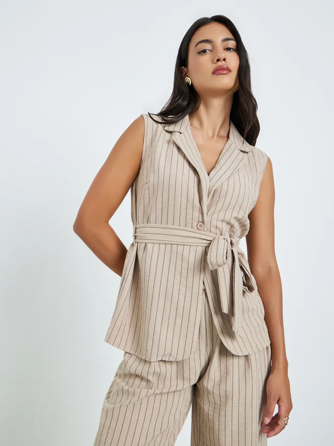 ستايلي Styli Beige Striped Blazer and Wide Leg Pants Co-ords