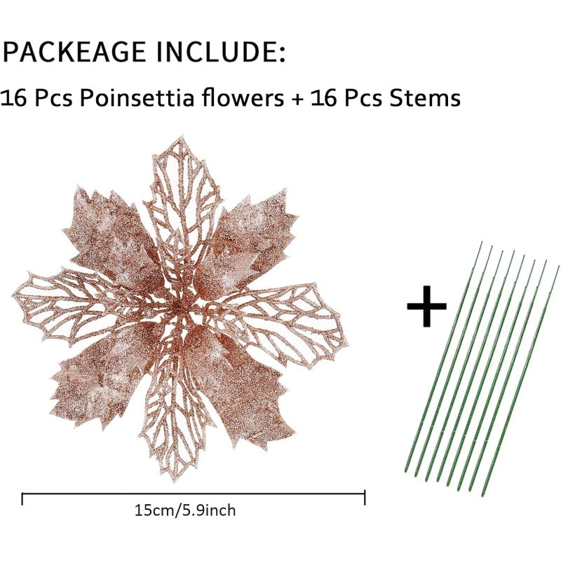 Wironlst 16 Pcs Glitter Poinsettia Flowers Artificial - Christmas Rose Gold Poinsettia Decorations Tree Flowers Ornaments for Xmas/Holiday/Seasonal/Wedding Decor - Image 2