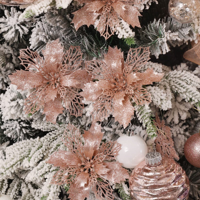 Wironlst 16 Pcs Glitter Poinsettia Flowers Artificial - Christmas Rose Gold Poinsettia Decorations Tree Flowers Ornaments for Xmas/Holiday/Seasonal/Wedding Decor - Image 5