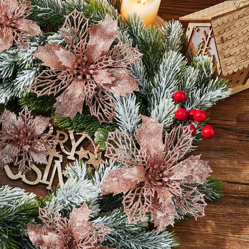 Wironlst 16 Pcs Glitter Poinsettia Flowers Artificial - Christmas Rose Gold Poinsettia Decorations Tree Flowers Ornaments for Xmas/Holiday/Seasonal/Wedding Decor - Image 3