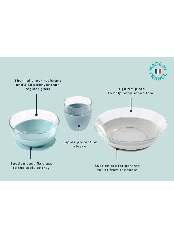 BEABA BÃ©aba 3-Piece Suction Glass Set, Glass Bowl and Plate Set - Baby + Toddler Dinnerware Set for Baby Food, Baby Plate, Baby Bowl, Baby Cup, 2.5x Stronger than Reg Glass, (Rain) - Image 2