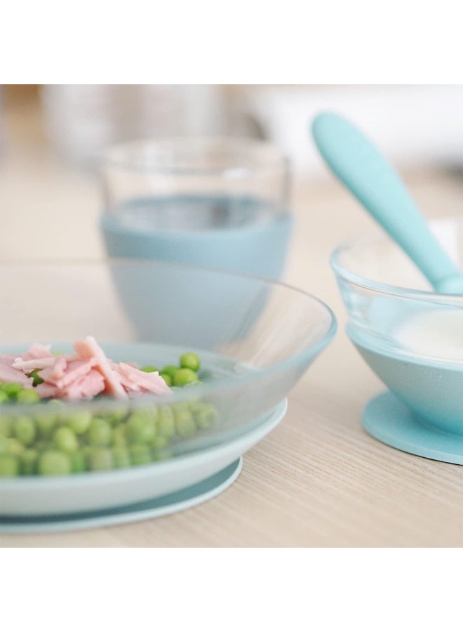 BEABA BÃ©aba 3-Piece Suction Glass Set, Glass Bowl and Plate Set - Baby + Toddler Dinnerware Set for Baby Food, Baby Plate, Baby Bowl, Baby Cup, 2.5x Stronger than Reg Glass, (Rain) - Image 4