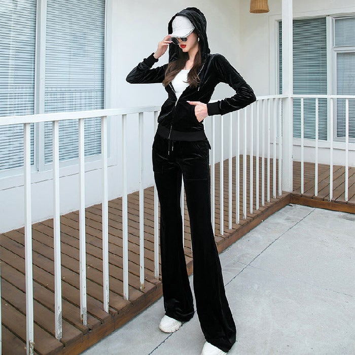 Ladies Velvet Tracksuit Spring Autumn Casual Fashion Suit Black  - Image 1