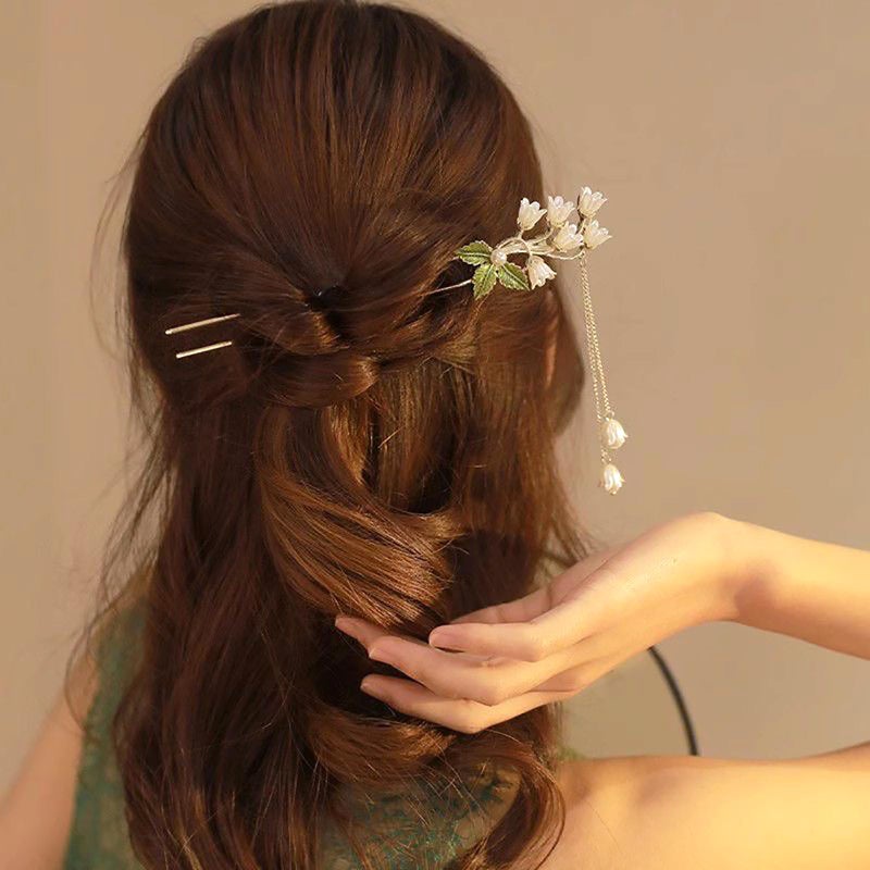 BQSAZHYJ 2Packs Lily of the Valley Chinese Hair Sticks for Buns, Pearl Flower Vintage Metal Hair Chopsticks for Women and Girls Dangle Tassel Pendant Accessories Hanfu Handmade Decor Hairpin (green) - Image 5