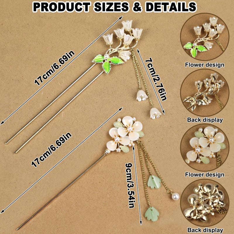 BQSAZHYJ 2Packs Lily of the Valley Chinese Hair Sticks for Buns, Pearl Flower Vintage Metal Hair Chopsticks for Women and Girls Dangle Tassel Pendant Accessories Hanfu Handmade Decor Hairpin (green) - Image 2