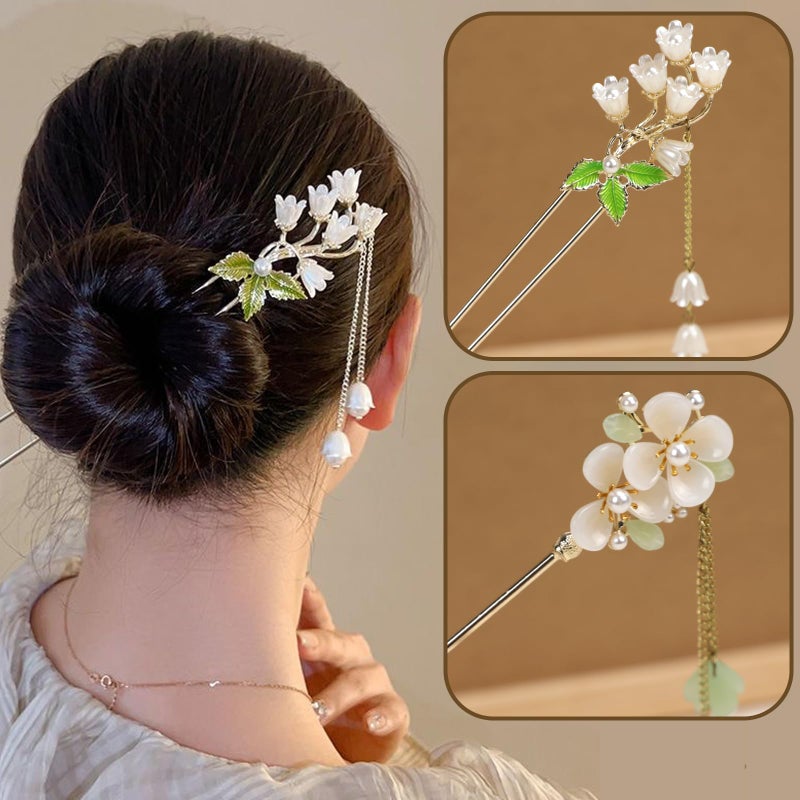 BQSAZHYJ 2Packs Lily of the Valley Chinese Hair Sticks for Buns, Pearl Flower Vintage Metal Hair Chopsticks for Women and Girls Dangle Tassel Pendant Accessories Hanfu Handmade Decor Hairpin (green) - Image 3