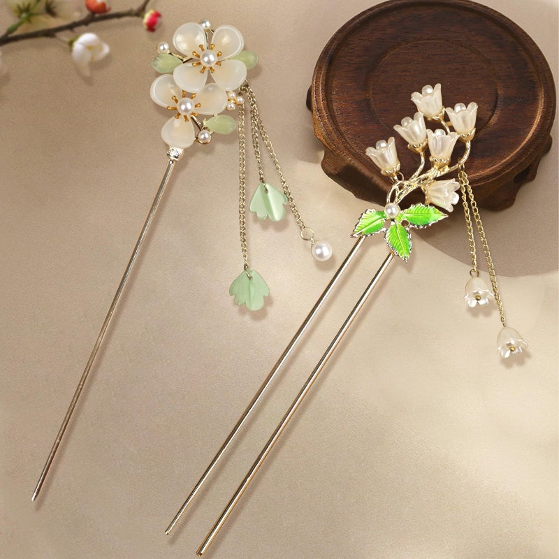 BQSAZHYJ 2Packs Lily of the Valley Chinese Hair Sticks for Buns, Pearl Flower Vintage Metal Hair Chopsticks for Women and Girls Dangle Tassel Pendant Accessories Hanfu Handmade Decor Hairpin (green) - Image 4