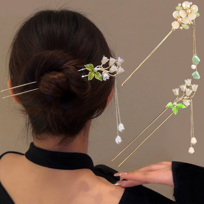 BQSAZHYJ 2Packs Lily of the Valley Chinese Hair Sticks for Buns, Pearl Flower Vintage Metal Hair Chopsticks for Women and Girls Dangle Tassel Pendant Accessories Hanfu Handmade Decor Hairpin (green) - Image 1