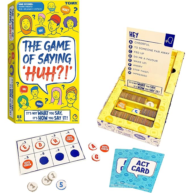 TOMY The Game of Saying 'Huh?!' - Voice Impressions Card Games - Funny Party Game of Acting and Guessing - Family Board Games for Adults and Kids - 3-8 Players - Ages 8 Years and Up - Image 1