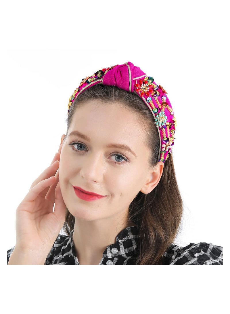 Y&D Solid Color Wide Headband, Top Knot Diamond Headband Handmade Beaded Flower Fashion Glitter Women - Image 2