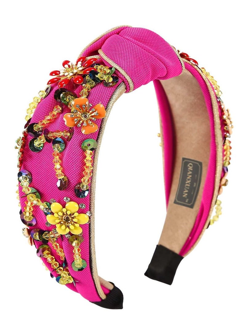 Y&D Solid Color Wide Headband, Top Knot Diamond Headband Handmade Beaded Flower Fashion Glitter Women - Image 5