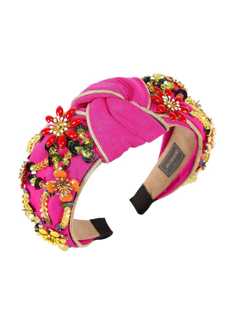 Y&D Solid Color Wide Headband, Top Knot Diamond Headband Handmade Beaded Flower Fashion Glitter Women - Image 1