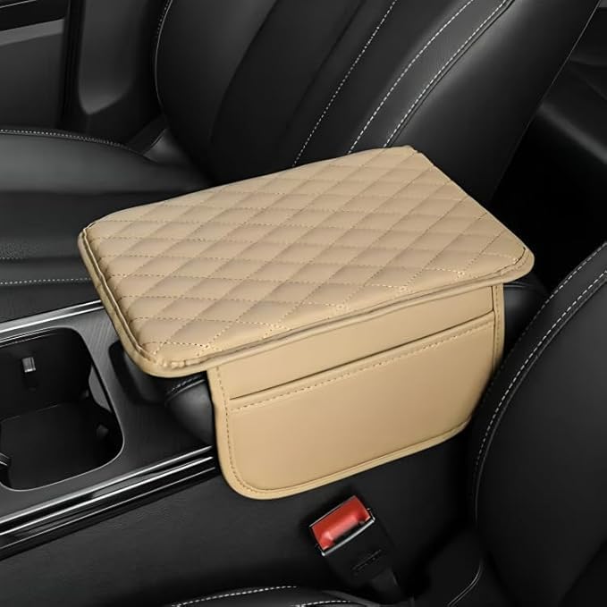 YOURKARTS.COM Yourkarts Premium Car Armrest Cushion Pad with Side Pocket – Premium PU Leather Center Console Cover, Memory Foam Support, Universal Fit for Cars & SUVs - Image 1
