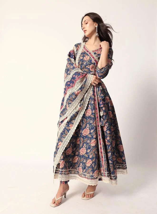 ISHIN  Women's Blue Cotton Textured Tunic Full Palazzo Regular Fit Kurta Set for Women | Best Price UAE