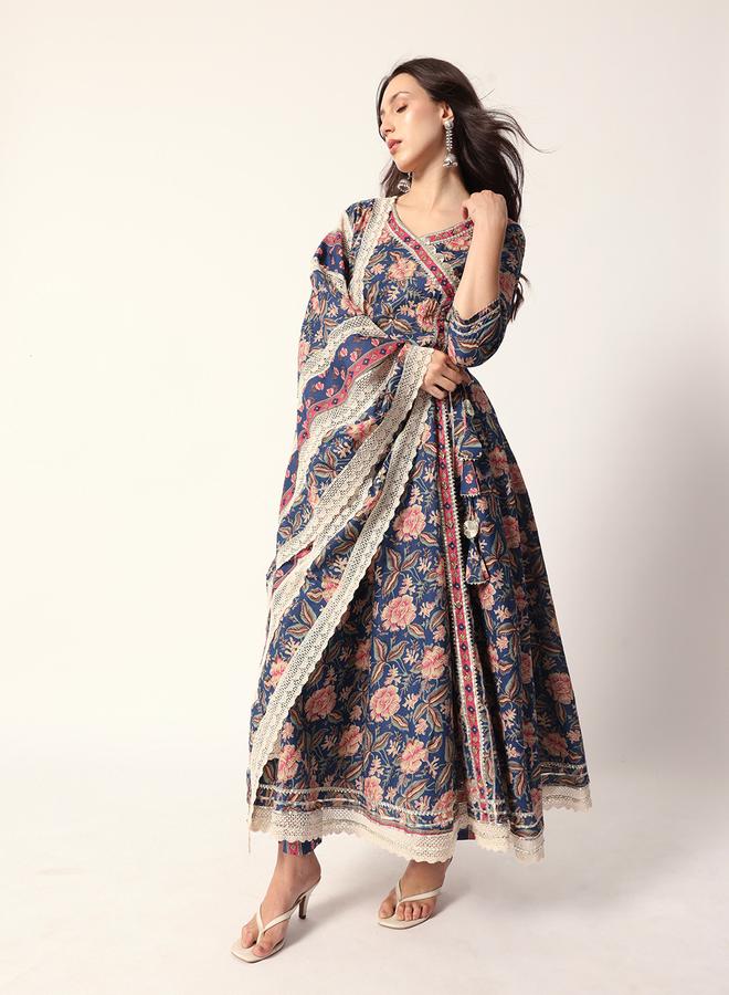 ISHIN Women's Blue Cotton Textured Tunic Full Palazzo Regular Fit Kurta Set - Image 5