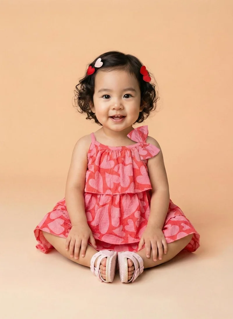 Nautinati  Nautinati Baby Girls All-over Heart Print A-line Strappy Tiered Dress with Bow for Women | Best Price UAE