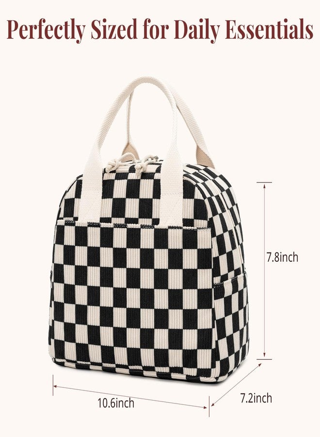 LOVELYWIND Insulated Black Checkered Lunch Bag for Women, Stylish Corduroy Tote with Aluminum Lining, Large Capacity Reusable Cooler for Work, Travel, or Beach, Beige Cream Water-Resistant Lunch Box - Image 3