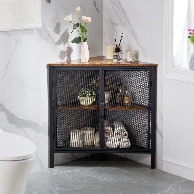 VECELO Corner Cabinet/Table, 3-Tier Shelves with Protection Door, Metal Frame Storage Shelf Organizer for Small Space, Living Room, Kitchen, Bathroom - Image 1