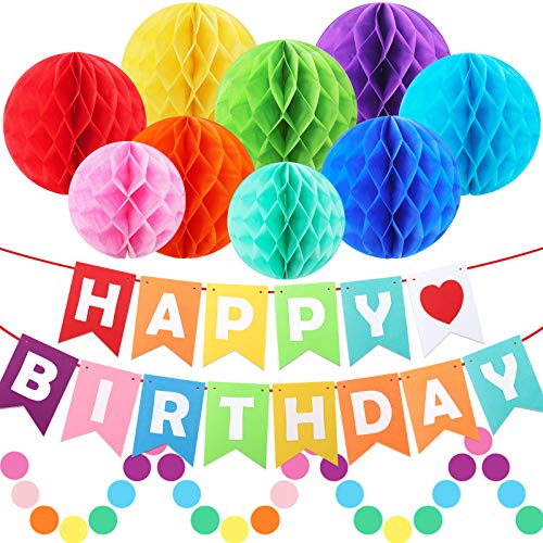 ZJHAI Happy Birthday Banner Decorations Rainbow Birthday Decorations Set Paper Flags with 9 Honeycomb Balls and Circle Dots Garland for Door Backdrop Wall Hanging Birthday Party Supplies - Image 1