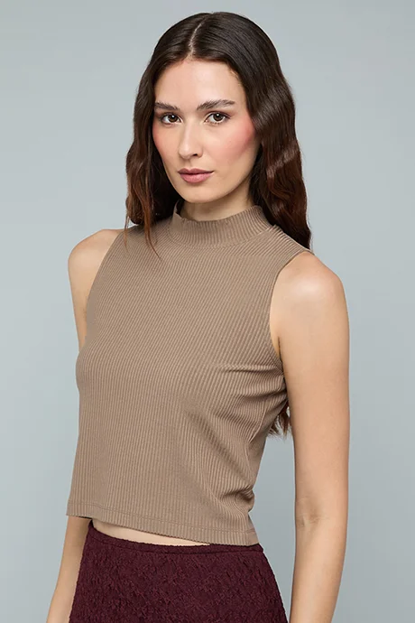 أر أند بي Ribbed Sleeveless Top with High Neck
