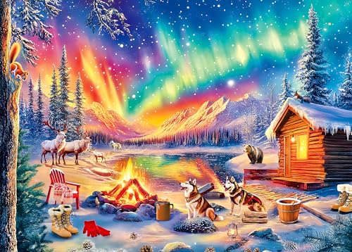 Mulic Puzzles 300 Piece Puzzles for Adults Large Piece Jigsaw Puzzles for Kids Seniors Campfire Under the Northern Lights - Image 1