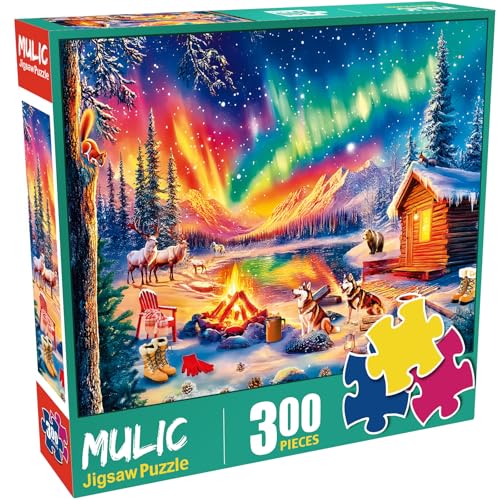 Mulic Puzzles 300 Piece Puzzles for Adults Large Piece Jigsaw Puzzles for Kids Seniors Campfire Under the Northern Lights - Image 5
