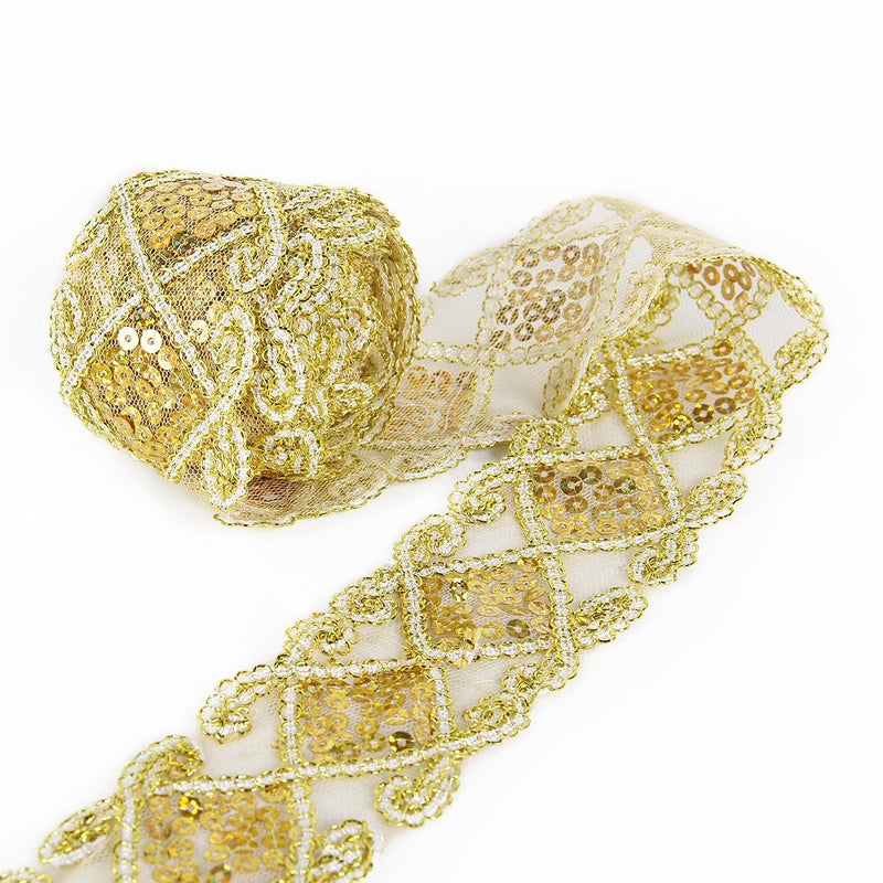 Sequins Lace Mesh Trim Lace Ribbon Applique Sewing Craft Supplies 10 Yards for Clothing Curtain Table Runner Making Decorating Gold