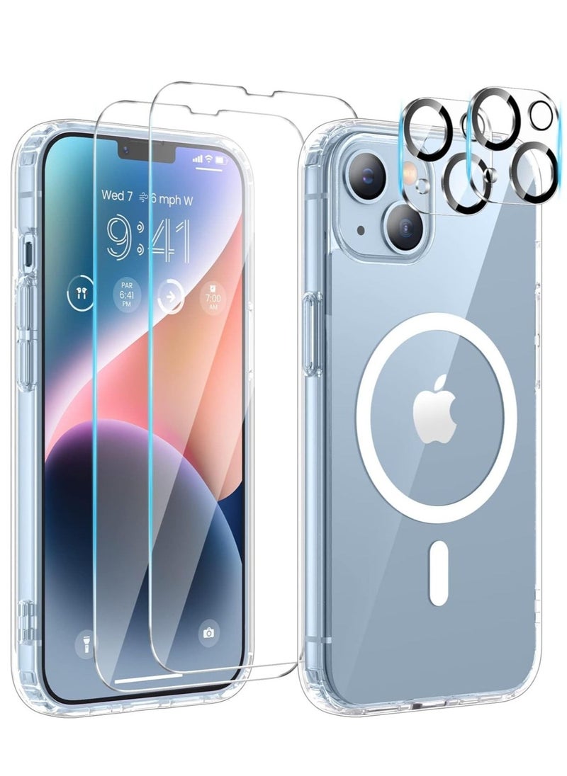 BGM Super 5-in-1 Magnetic Case for iPhone 15 (6.1", 2023) â Includes 2-Pack Screen Protectors & 2 Camera Lens Protectors, Yellowing-Resistant Clear MagSafe Case 