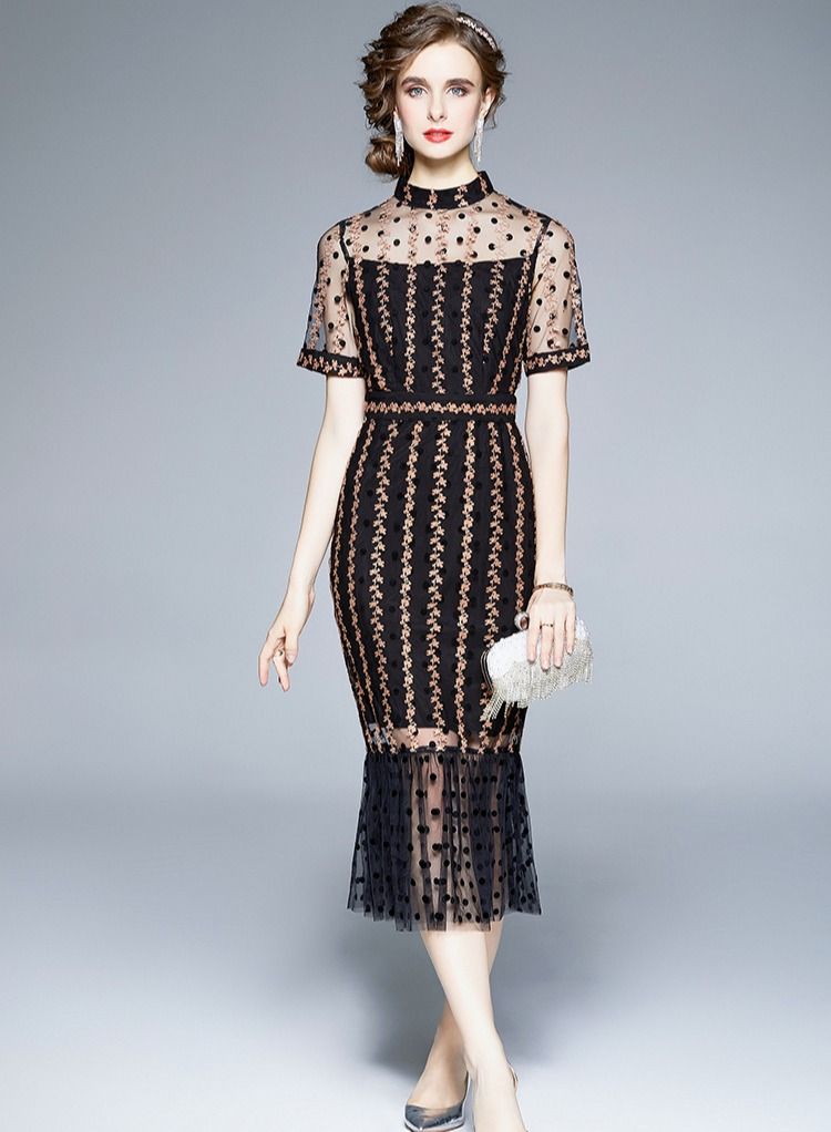 Loquat Hip Wrap Skirt stand collar short sleeve mid length dress  - Image 1