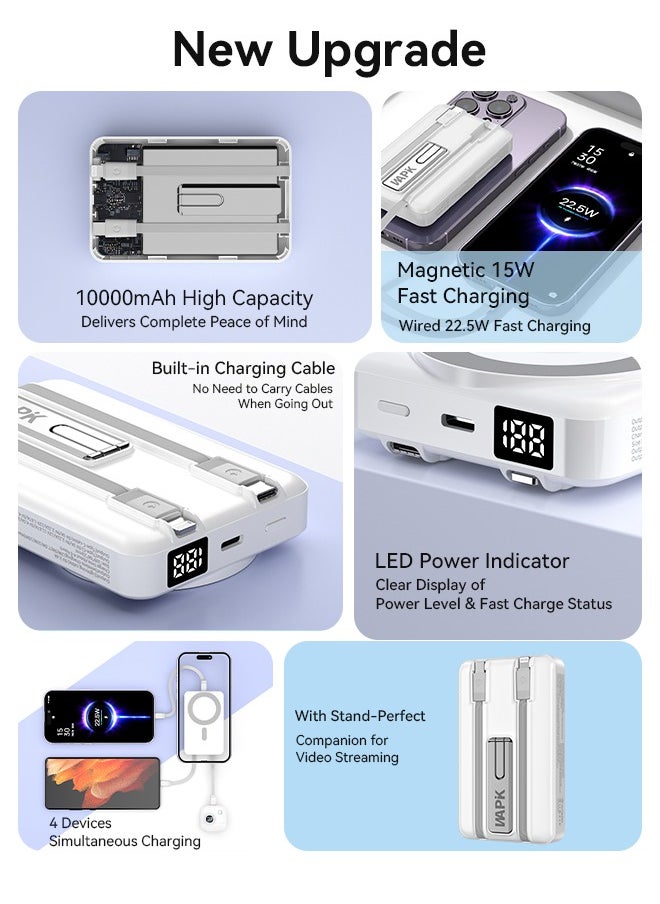 Korean Brand M6 10000mAh Foldable Magnetic Wireless Power Bank Portable Charger 22.5W White, Compatible with iPhone 16/15/14/13/12 Series, AirPods, Apple Watch, with Built-in Type-C and Lightning Charging Cables