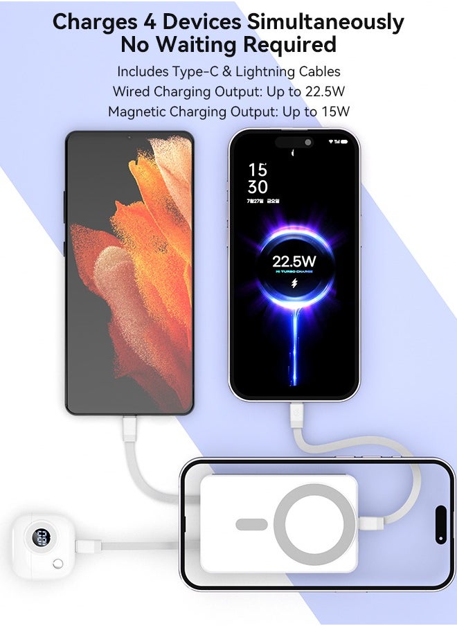 Korean Brand M6 10000mAh Foldable Magnetic Wireless Power Bank Portable Charger 22.5W White, Compatible with iPhone 16/15/14/13/12 Series, AirPods, Apple Watch, with Built-in Type-C and Lightning Charging Cables