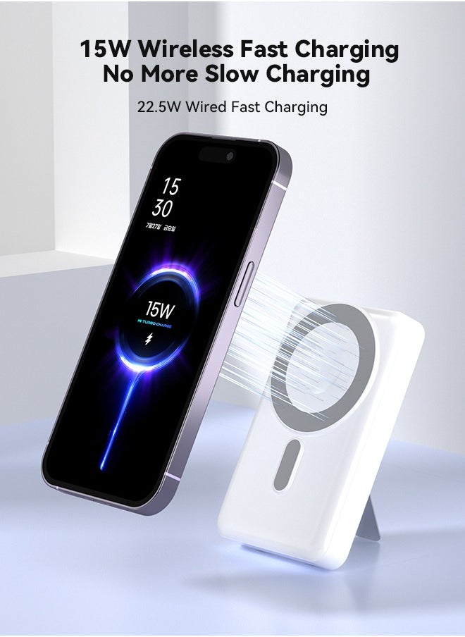 Korean Brand M6 10000mAh Foldable Magnetic Wireless Power Bank Portable Charger 22.5W White, Compatible with iPhone 16/15/14/13/12 Series, AirPods, Apple Watch, with Built-in Type-C and Lightning Charging Cables