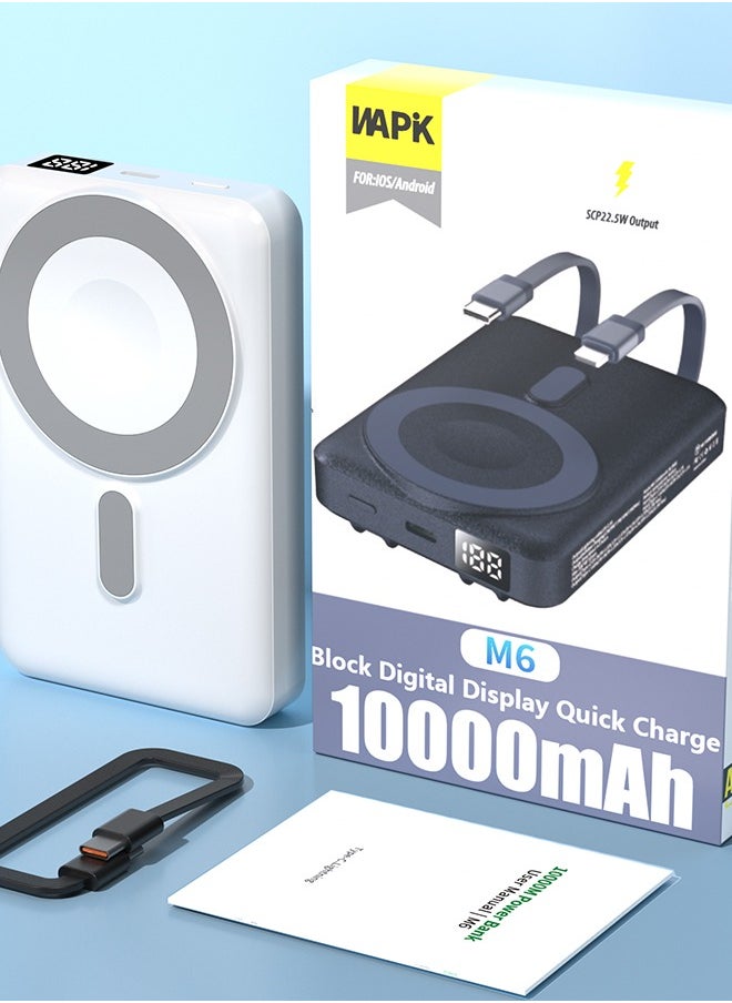 Korean Brand M6 10000mAh Foldable Magnetic Wireless Power Bank Portable Charger 22.5W White, Compatible with iPhone 16/15/14/13/12 Series, AirPods, Apple Watch, with Built-in Type-C and Lightning Charging Cables