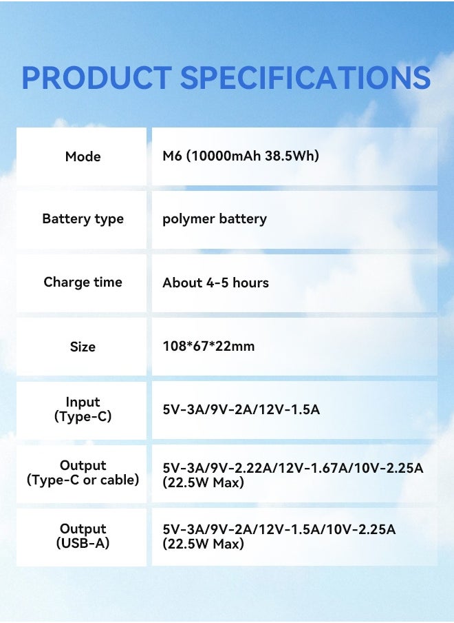 Korean Brand M6 10000mAh Foldable Magnetic Wireless Power Bank Portable Charger 22.5W White, Compatible with iPhone 16/15/14/13/12 Series, AirPods, Apple Watch, with Built-in Type-C and Lightning Charging Cables