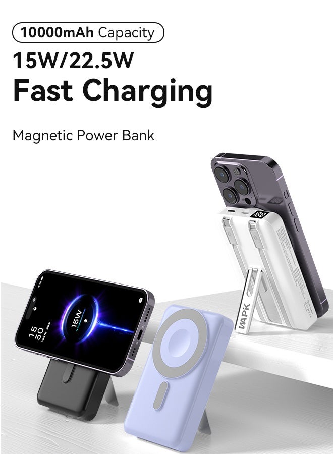 WAPIK Korean Brand M6 Magnetic Power Bank, 10,000mAh Foldable Wireless Portable Charger, 22.5W USB-C Fast Charging, Compatible with iPhone 16/15/14/13/12 Series, Built-in Type-C & Lightning Cables – White - Image 3