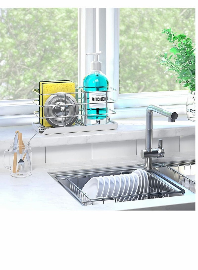 Sponge Holder for Sink, Stainless Steel Kitchen Sink Organizer Soap Dispenser Caddy Dish Holder, Tray Drainer Rack Countertop or Wall-Stick with Auto Overflow Design - Image 3