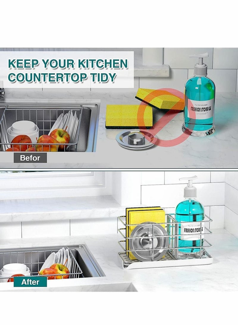 Sponge Holder for Sink, Stainless Steel Kitchen Sink Organizer Soap Dispenser Caddy Dish Holder, Tray Drainer Rack Countertop or Wall-Stick with Auto Overflow Design - Image 4