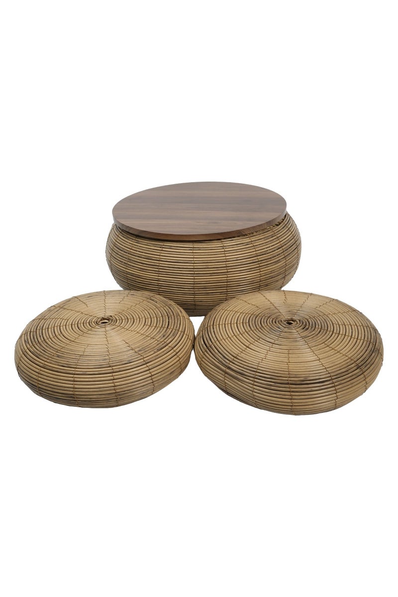 A rattan side table with a wooden top, accompanied by two seating pieces. - Image 1