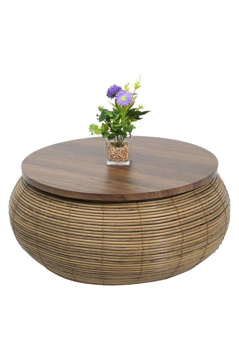 A rattan side table with a wooden top, accompanied by two seating pieces. - Image 3
