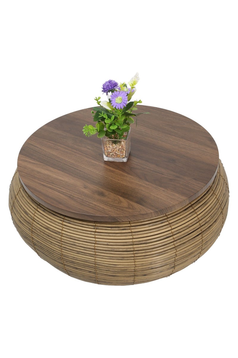 A rattan side table with a wooden top, accompanied by two seating pieces. - Image 4