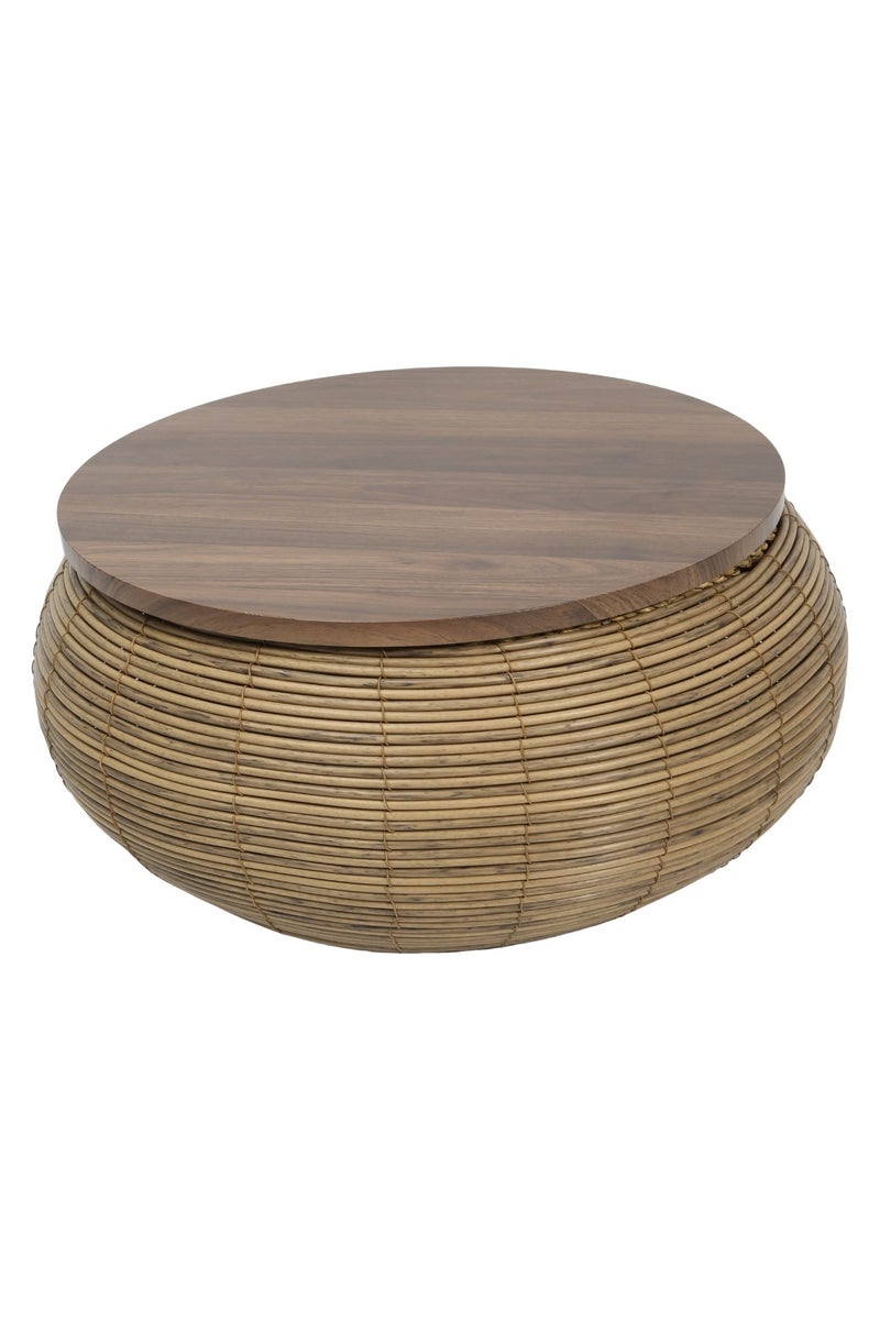 A rattan side table with a wooden top, accompanied by two seating pieces. - Image 2