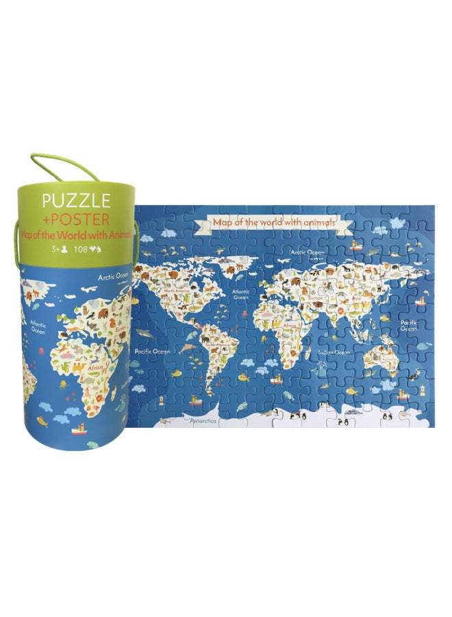 ألعاب ألغاز التعليم المبكر للأطفال من Pinwheel، ألعاب الذكاء الورقية الثمانية المعلبة بالجملة - اللون: 108 قطعة ألغاز حيوانات العالم - Image 1