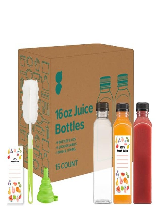 قوستو جوستو [15 زجاجة عصير بلاستيكية قابلة لإعادة الاستخدام مع أغطية وملصقات وفرشاة وقمع سيليكون - زجاجات بلاستيكية شفافة مع أغطية، عبوات عصير مع أغطية، لجميع المشروبات (16 أونصة) - Image 1