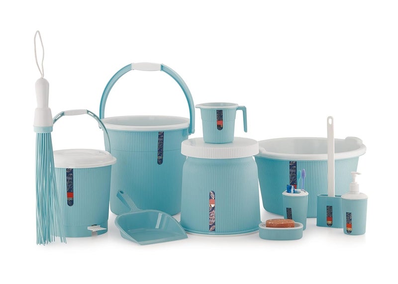Liza Liza Newton 11Piece Complete Bathroom Essential Set for Home, Kitchen & Bathroom Includes 20L Bucket, 18 L Tub, Big Stool, Dustbin, and More (Pack of 11) Blue - Image 1