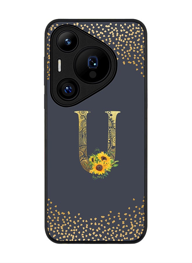 Rugged Black edge case for Huawei Pura 70, Slim fit Case Flexible Cover - Custom Monogram Initial Letter Floral Pattern Alphabet - U (Grey )