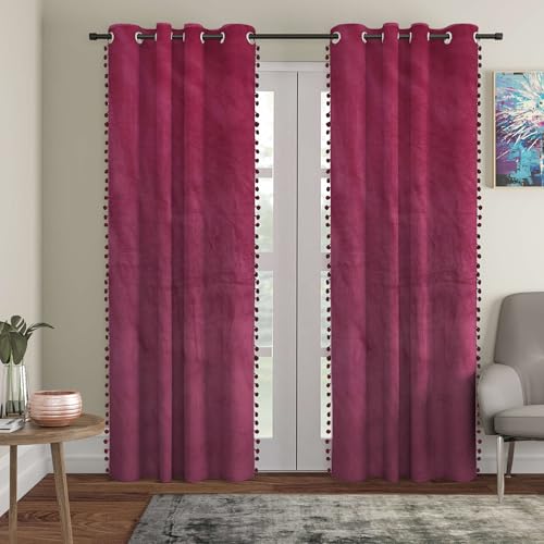 STITCHNEST Premium Velvet Semi Blackout Curtains with Pom Pom – Pack of 1 Door Curtains, Elegant Maroon Color for Bedroom & Living Room (Size: 7ft) - Image 1