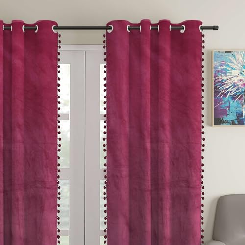 STITCHNEST Premium Velvet Semi Blackout Curtains with Pom Pom – Pack of 1 Door Curtains, Elegant Maroon Color for Bedroom & Living Room (Size: 7ft) - Image 2
