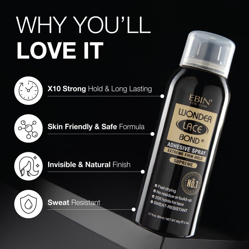 EBIN NEW YORK Wonder Lace Bond Adhesive Spray Supreme – Extreme Firm Hold 6.08oz/ 180ml | Active Use, Fast Drying, No Residue, No Build-up, Powerful Hold, All-day Hold, Daily Wig Application - Image 2