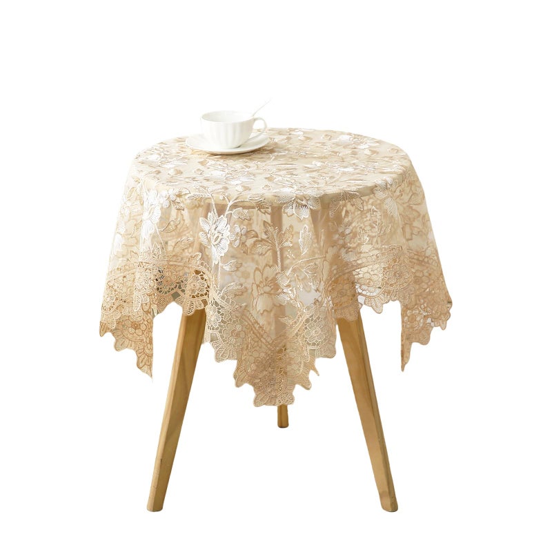 Qubjus Round Embroidered Lace Tablecloth Vintage Decorative Exquisite Border Table Cover for Party Wedding Home Decorations, Round-35, Beige - Image 1