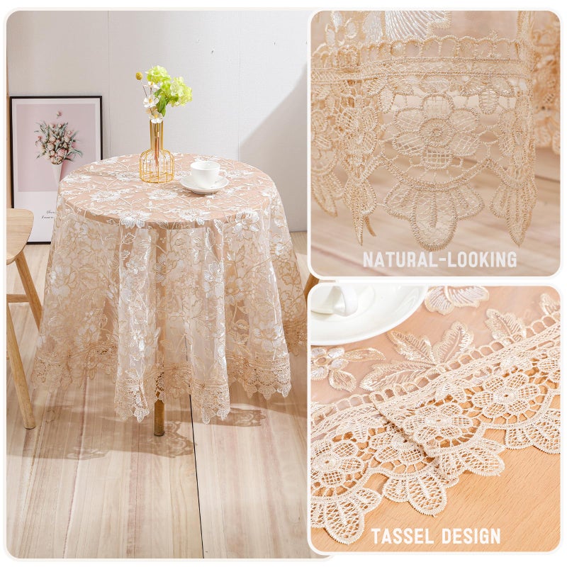 Qubjus Round Embroidered Lace Tablecloth Vintage Decorative Exquisite Border Table Cover for Party Wedding Home Decorations, Round-35, Beige - Image 3